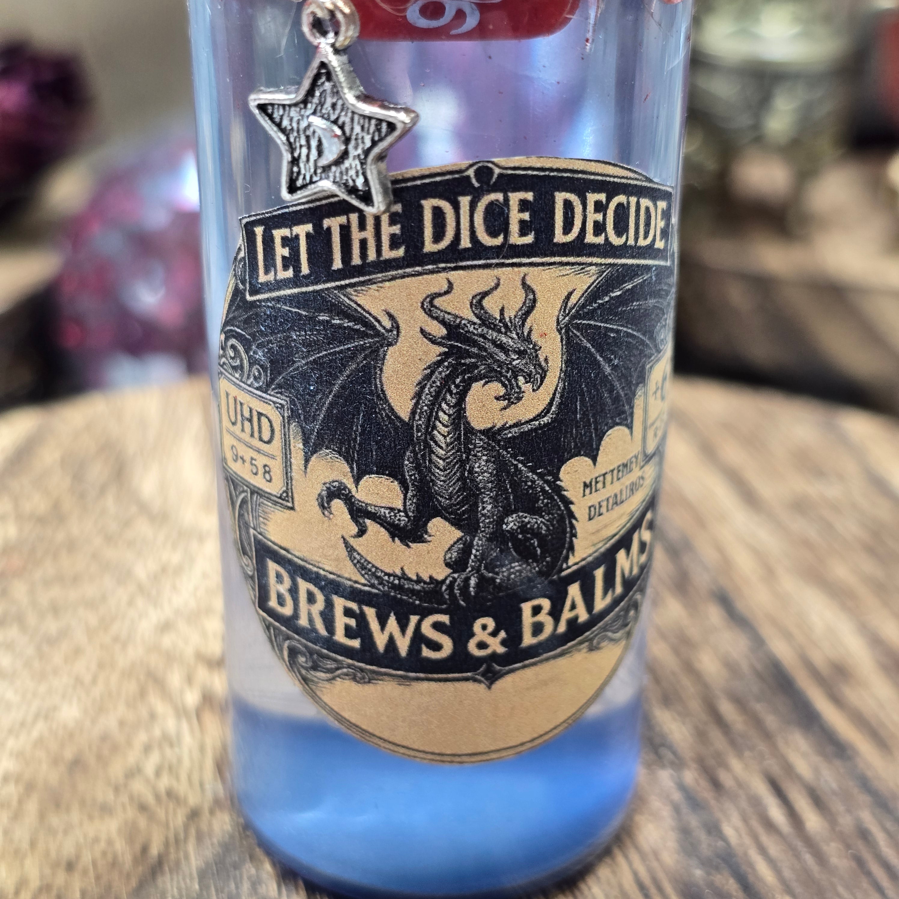 Dice D20 Let the Dice Decide Potion Props A Color Changing decorative bottle prop 3.5 "