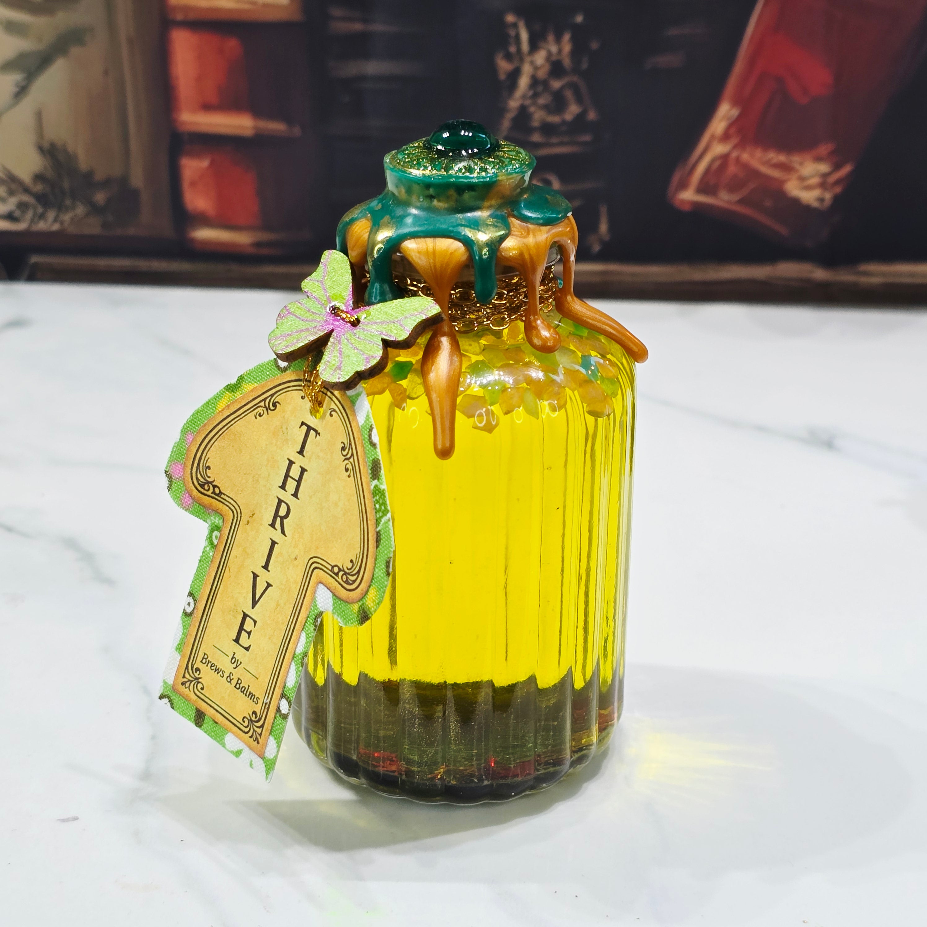Handmade THRIVE Color-Changing Potion Bottle Prop Affirmation Potion - Sunny Yellow to Shimmering Green