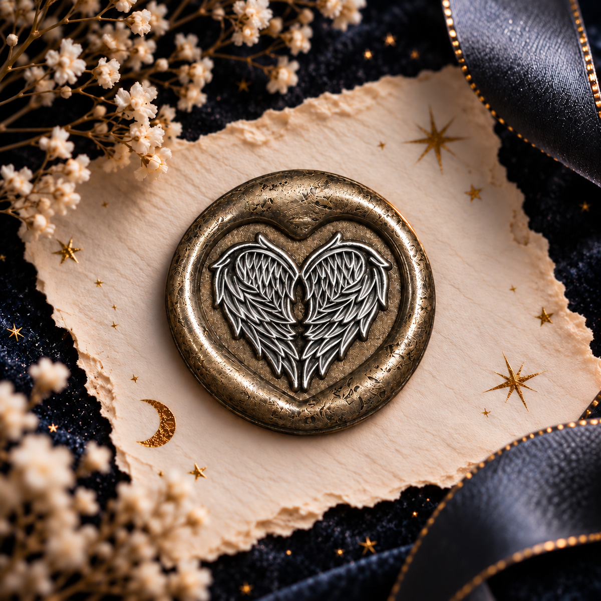 Handmade Angel Wings Heart Wax Seal – Peel & Stick • Multiple Colors Silver Accents