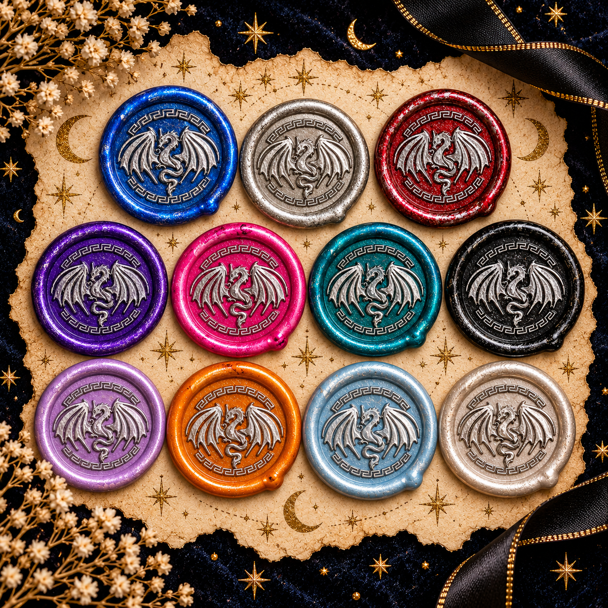 Handmade Dragon Wings Spread Wax Seals Peel & Stick - Multiple Colors Silver Accents