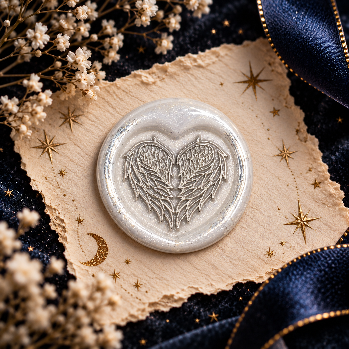 Handmade Angel Wings Heart Wax Seal – Peel & Stick • Multiple Colors Silver Accents