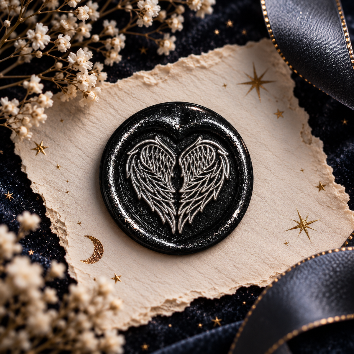 Handmade Angel Wings Heart Wax Seal – Peel & Stick • Multiple Colors Silver Accents