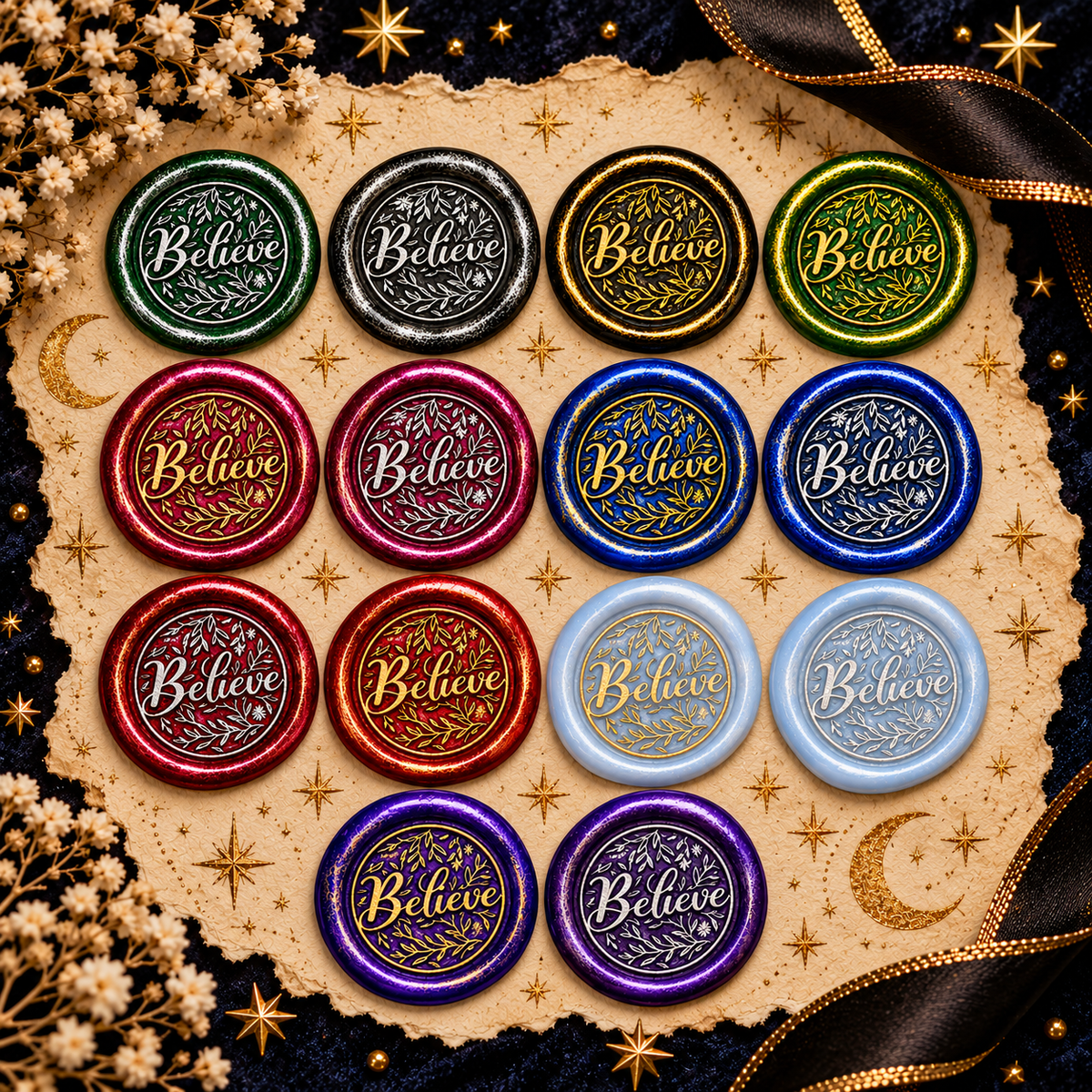 Handmade Believe Wax Seals – Peel & Stick • Multiple Colors Silver & Gold Accents