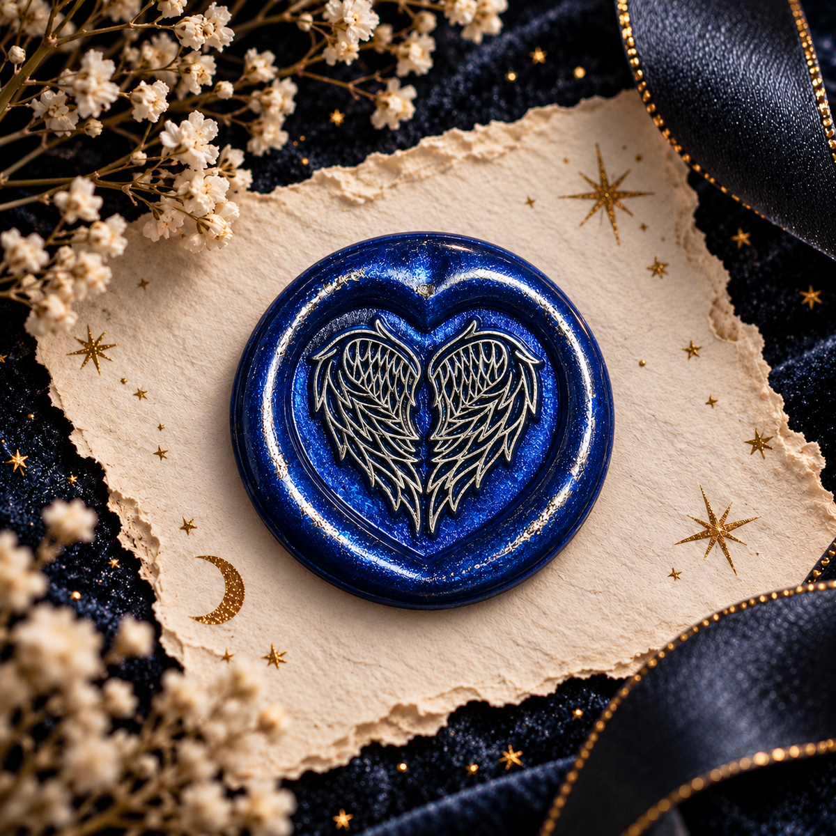 Handmade Angel Wings Heart Wax Seal – Peel & Stick • Multiple Colors Silver Accents