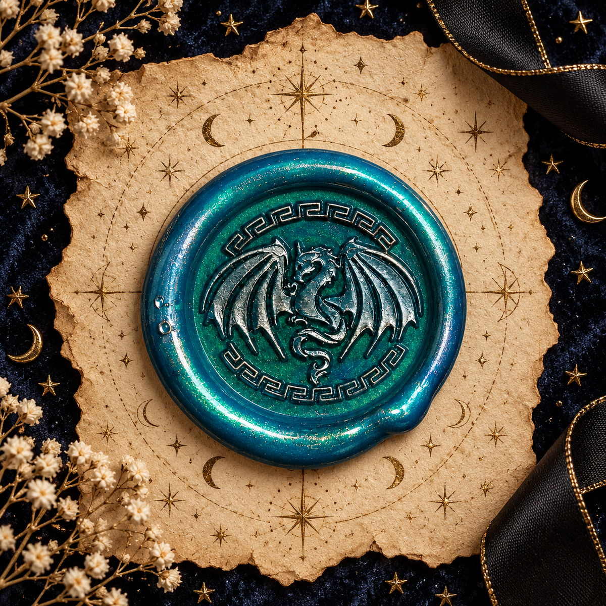 Handmade Dragon Wings Spread Wax Seals Peel & Stick - Multiple Colors Silver Accents