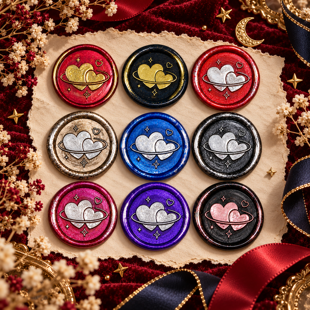 Double Heart Wax Seal – Peel & Stick Multiple Colors Silver & Gold Accents