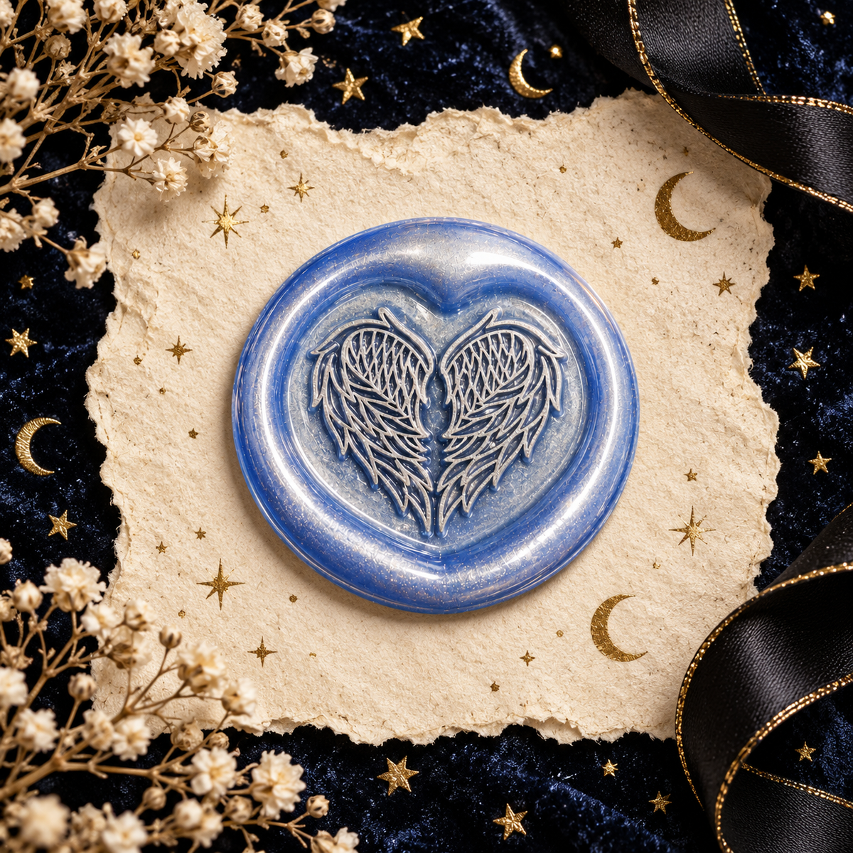 Handmade Angel Wings Heart Wax Seal – Peel & Stick • Multiple Colors Silver Accents