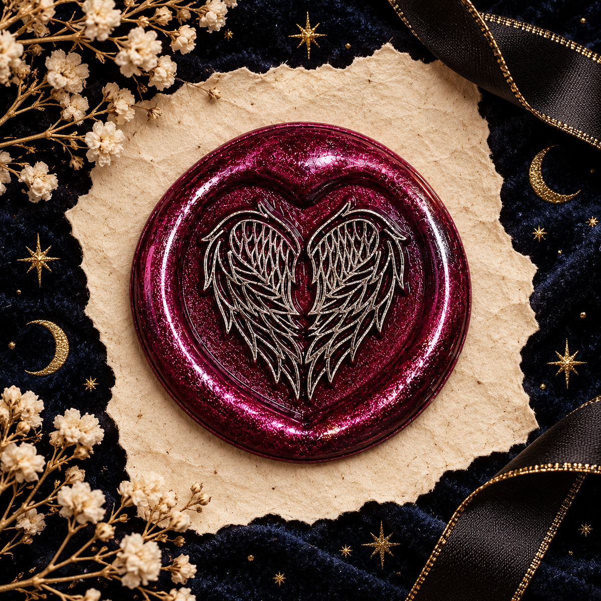 Handmade Angel Wings Heart Wax Seal – Peel & Stick • Multiple Colors Silver Accents