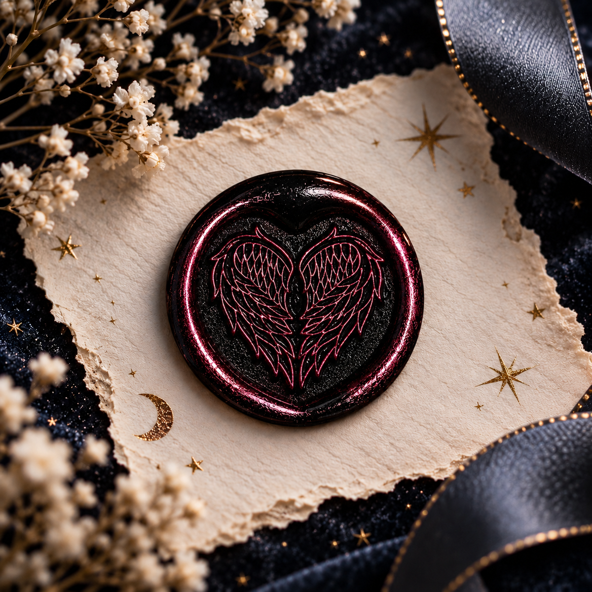 Handmade Angel Wings Heart Wax Seal – Peel & Stick • Multiple Colors Silver Accents
