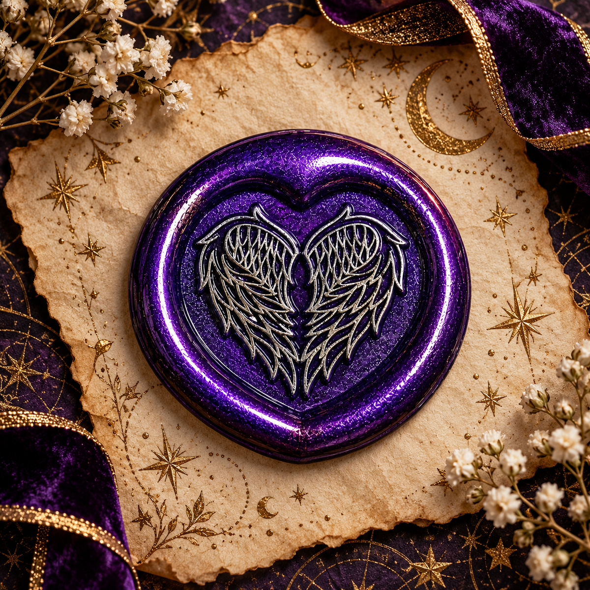 Handmade Angel Wings Heart Wax Seal – Peel & Stick • Multiple Colors Silver Accents