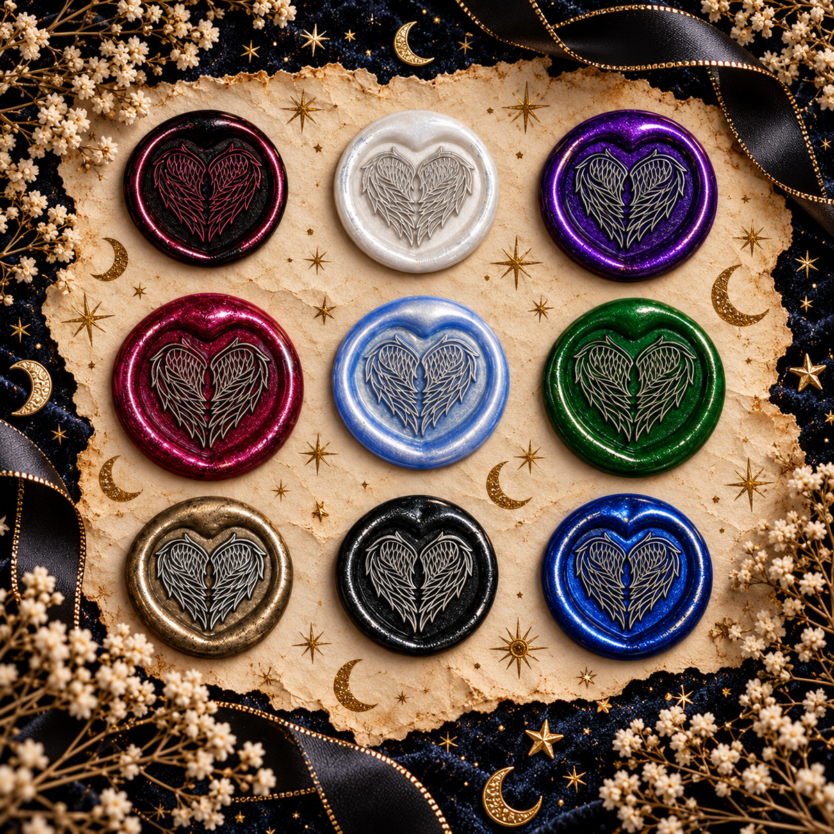 Handmade Angel Wings Heart Wax Seal – Peel & Stick • Multiple Colors Silver Accents