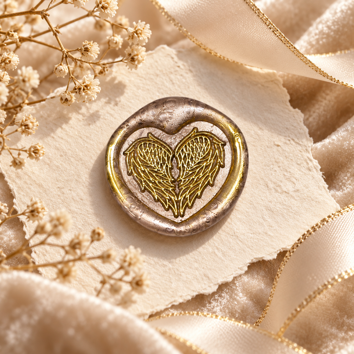 Handmade Angel Wings Heart Wax Seal – Peel & Stick • Multiple Colors Gold Accents