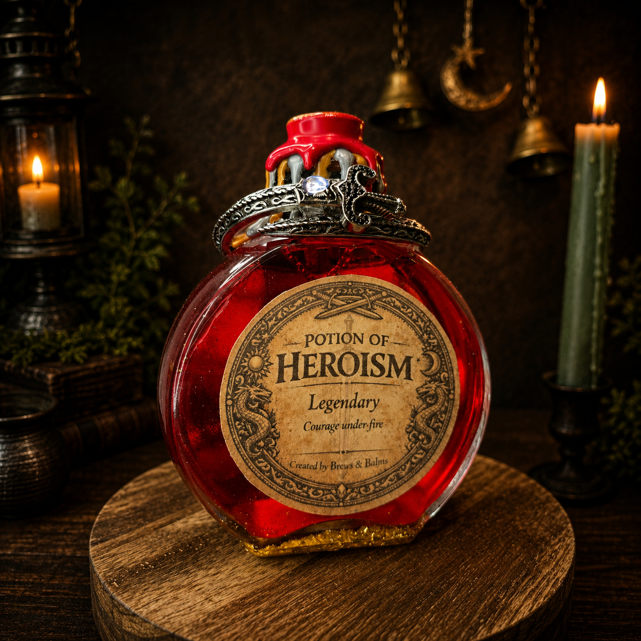 Handmade Potion of Heroism Bottle – Color Changing Fantasy Decor – Courage Under Fire Legendary