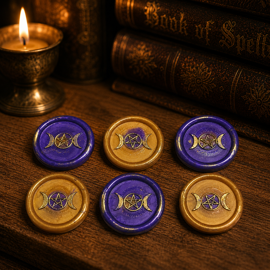 Handmade Triple Moon Wax Seals Purple & Gold, Set of SIX,with adhesive