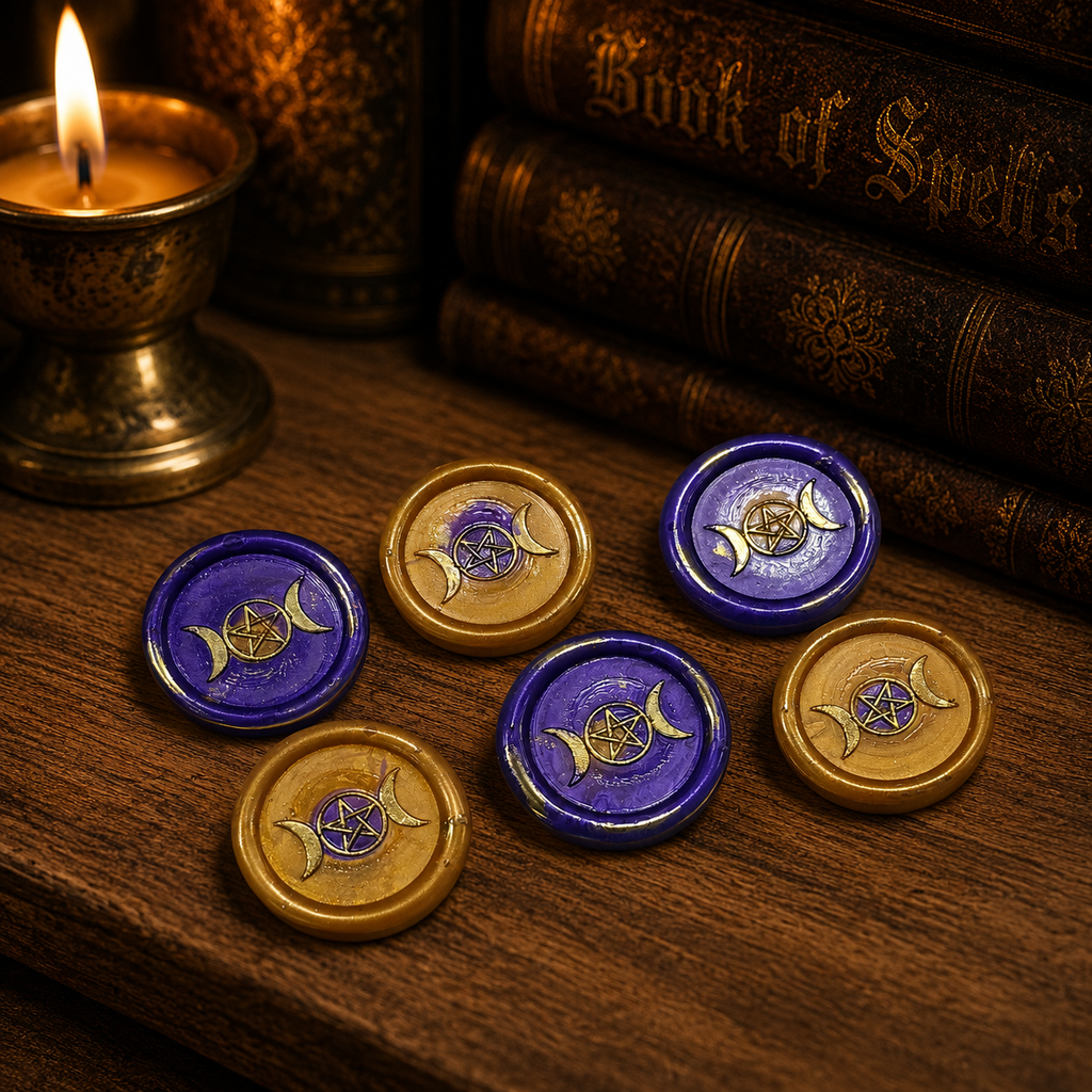 Handmade Triple Moon Wax Seals Purple & Gold, Set of SIX,with adhesive