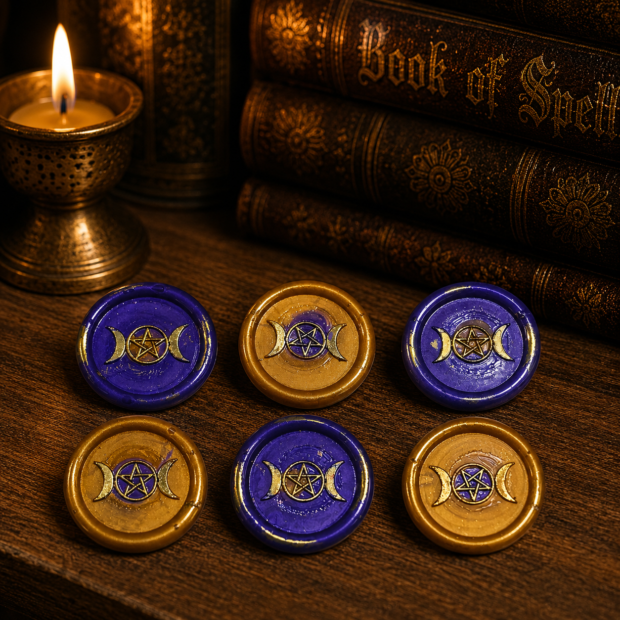 Triple Moon Wax Seals Purple & Gold, Set of SIX,with adhesive
