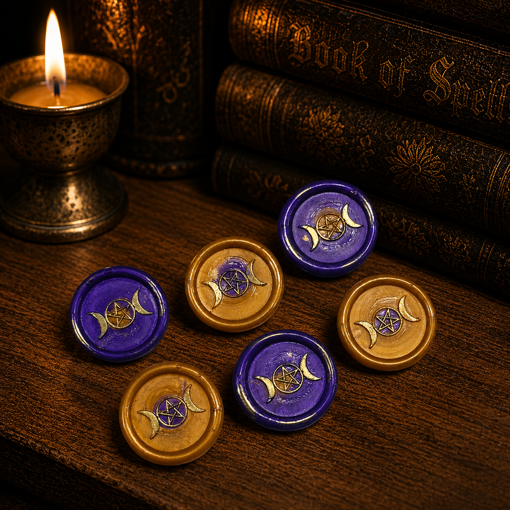 Handmade Triple Moon Wax Seals Purple & Gold, Set of SIX,with adhesive