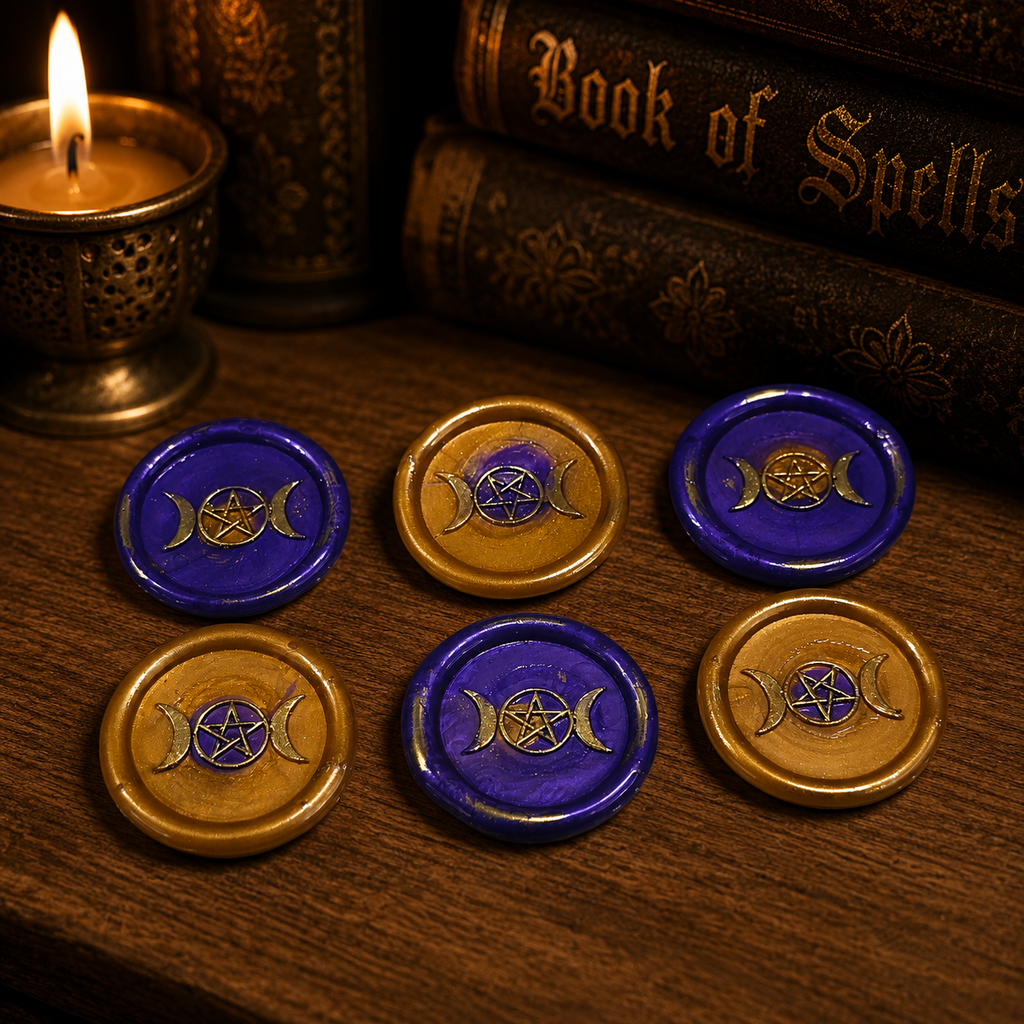 Handmade Triple Moon Wax Seals Purple & Gold, Set of SIX,with adhesive