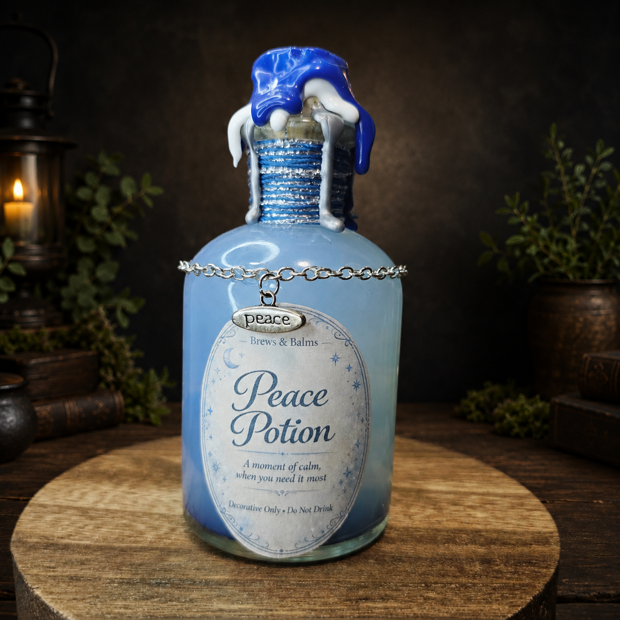 Handmade Peace Potion – Color Changing Decorative Bottle - White to Blue