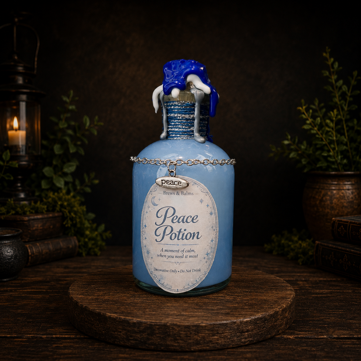 Handmade Peace Potion – Color Changing Decorative Bottle - White to Blue