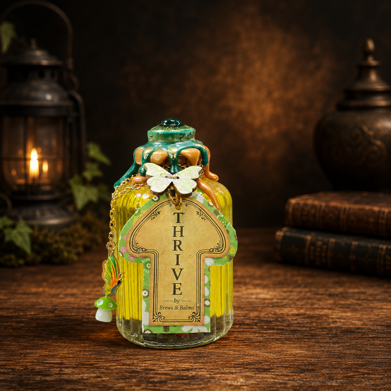 Handmade THRIVE Color-Changing Potion Bottle Prop Affirmation Potion - Sunny Yellow to Shimmering Green