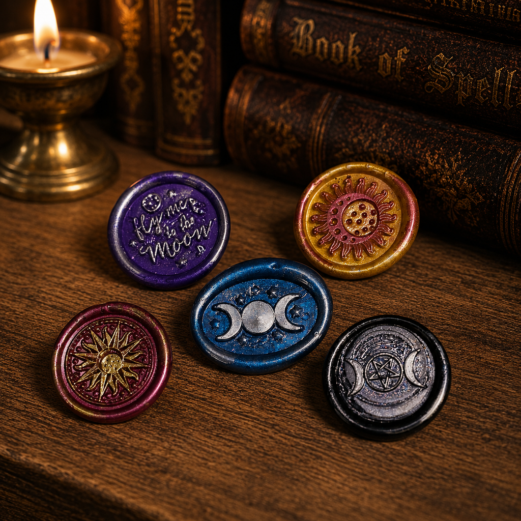 Handmade Triple Moon, Sun, Fly Me To The Moon, Set of Five Wax Seals, for cards, invitations, letters and gifts!