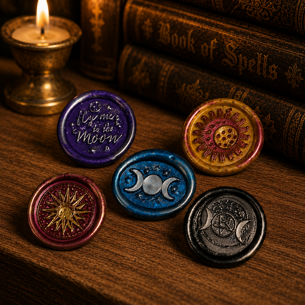 Handmade Triple Moon, Sun, Fly Me To The Moon, Set of Five Wax Seals, for cards, invitations, letters and gifts!