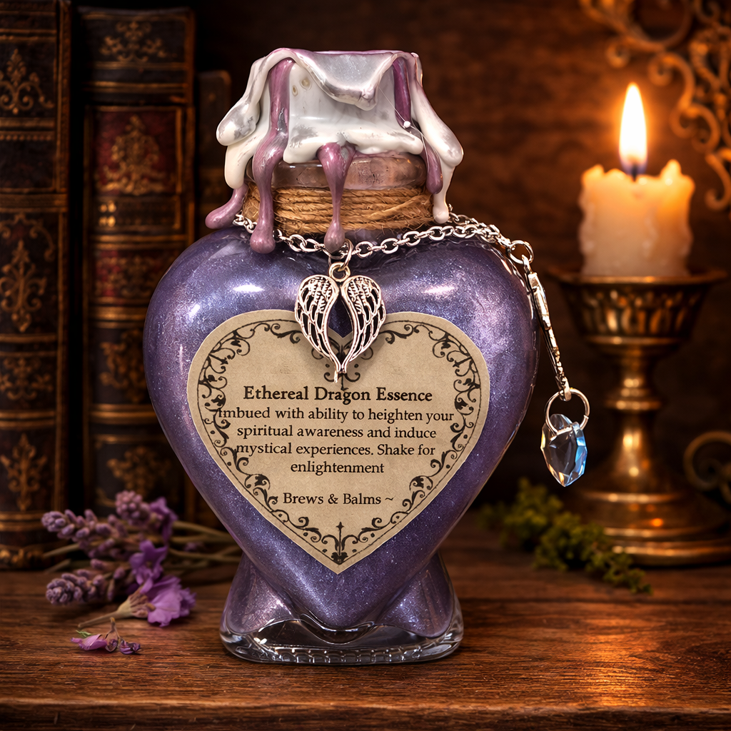 Ethereal Dragon Essence Heart Shaped Decorative Bottle, A Color Changing Potion Bottle Prop