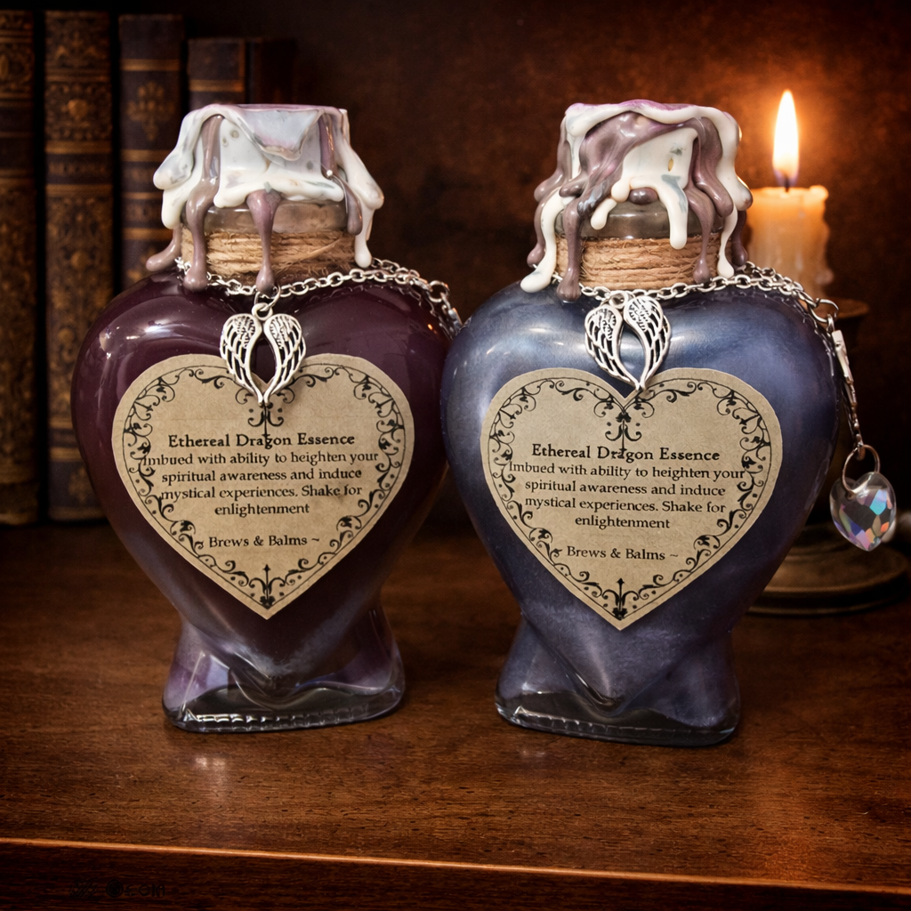 Ethereal Dragon Essence Heart Shaped Decorative Bottle, A Color Changing Potion Bottle Prop