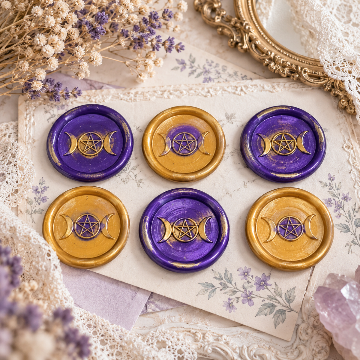 Handmade Triple Moon Wax Seals Purple & Gold, Set of SIX,with adhesive