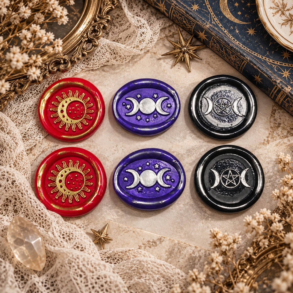 Handmade Triple Moon Trio of Wax Seals in Red, Purple, Black & Silver, Set of SIX, with adhesive