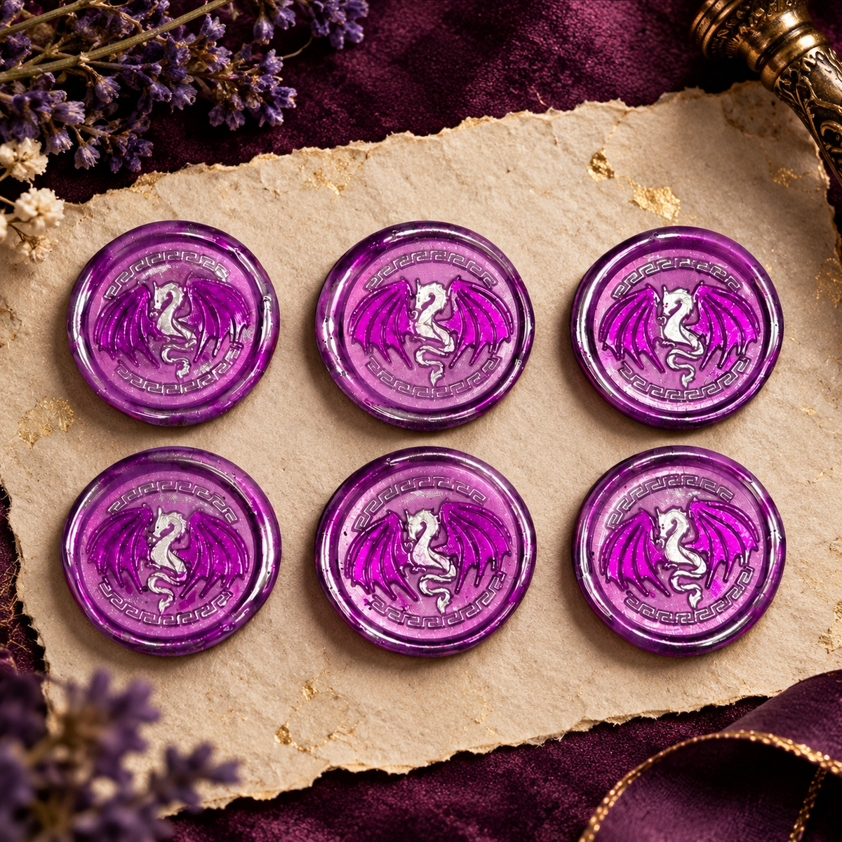 Handmade Dragon Wings Spread Wax Seals Lilac & Silver Set of SIX, with Adhesive Wax Seals for Cards, Invitations and Gifts