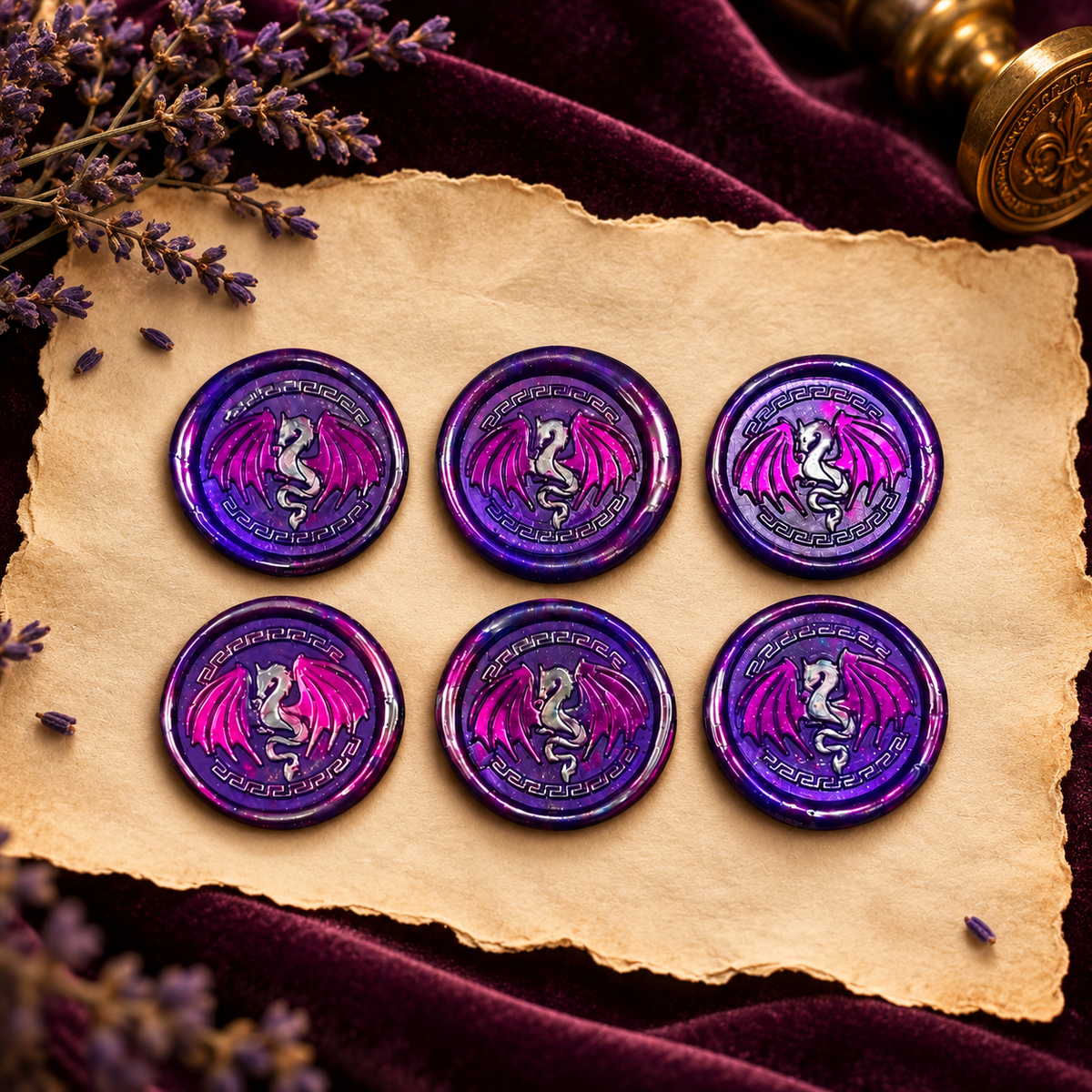 Handmade Dragon Wings Spread Wax Seals Purple & Silver Set of SIX, with Adhesive Wax Seals for Cards, Invitations and Gifts