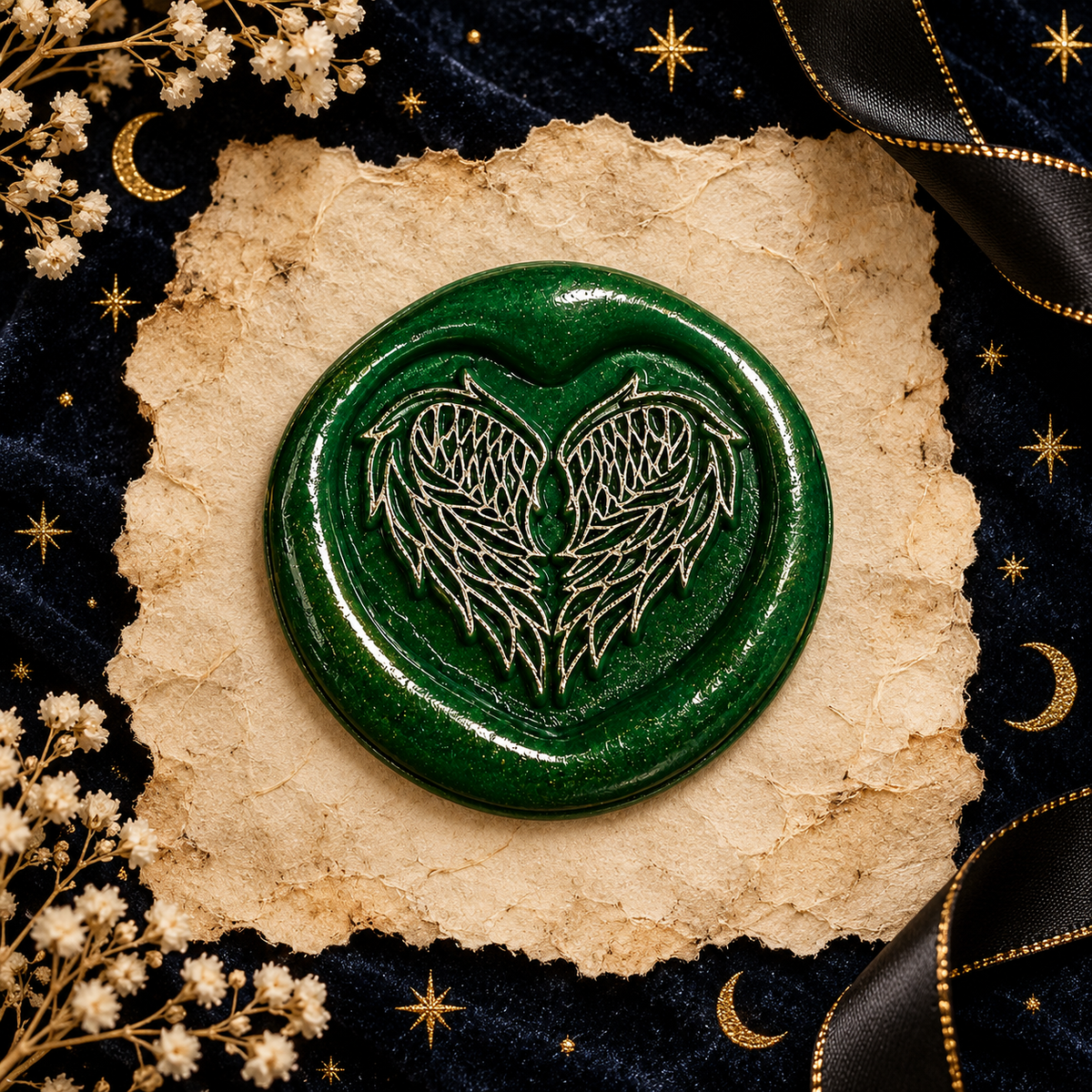 Handmade Angel Wings Heart Wax Seal – Peel & Stick • Multiple Colors Silver Accents