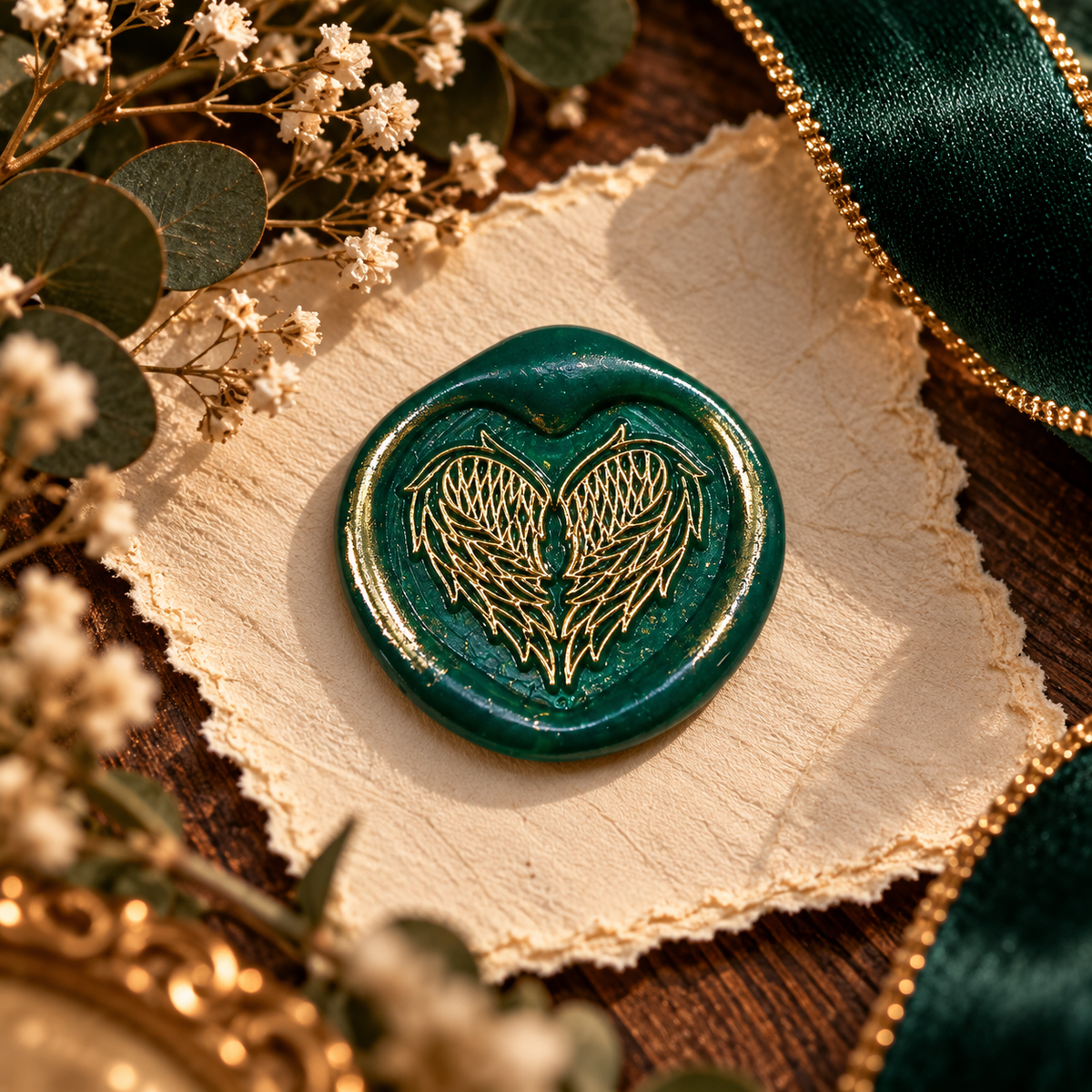 Handmade Angel Wings Heart Wax Seal – Peel & Stick • Multiple Colors Gold Accents