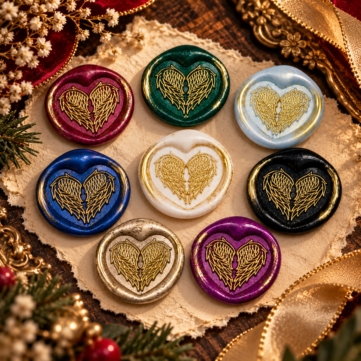 Handmade Angel Wings Heart Wax Seal – Peel & Stick • Multiple Colors Gold Accents