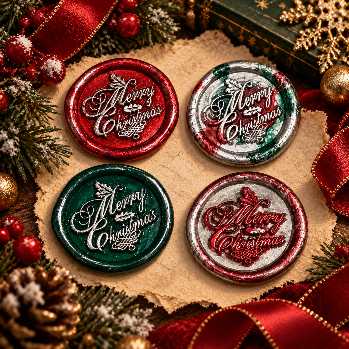 Christmas Wax Seals Peel & Stick Multiple Colors Silver & Red Accents