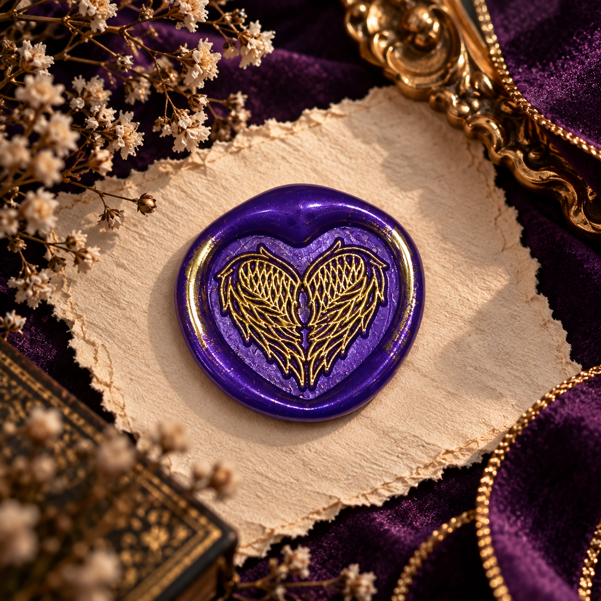 Handmade Angel Wings Heart Wax Seal – Peel & Stick • Multiple Colors Gold Accents