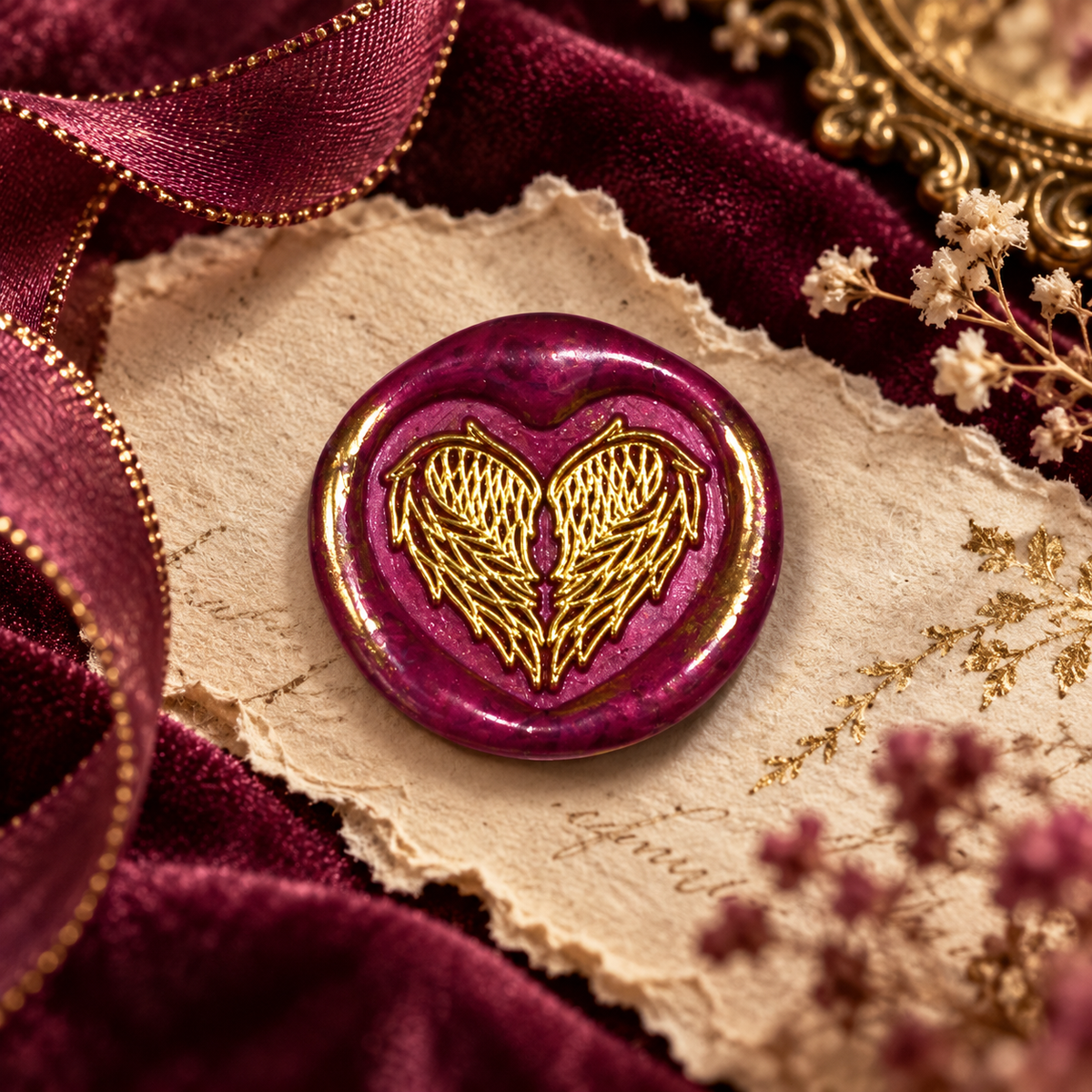 Handmade Angel Wings Heart Wax Seal – Peel & Stick • Multiple Colors Gold Accents