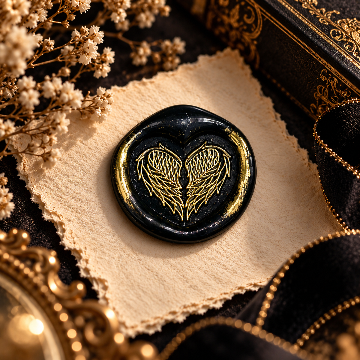 Handmade Angel Wings Heart Wax Seal – Peel & Stick • Multiple Colors Gold Accents