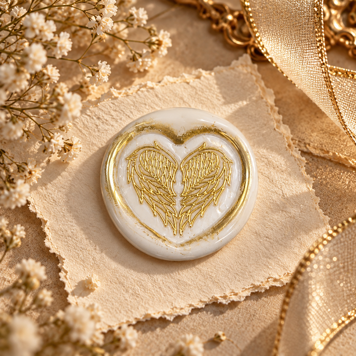 Handmade Angel Wings Heart Wax Seal – Peel & Stick • Multiple Colors Gold Accents