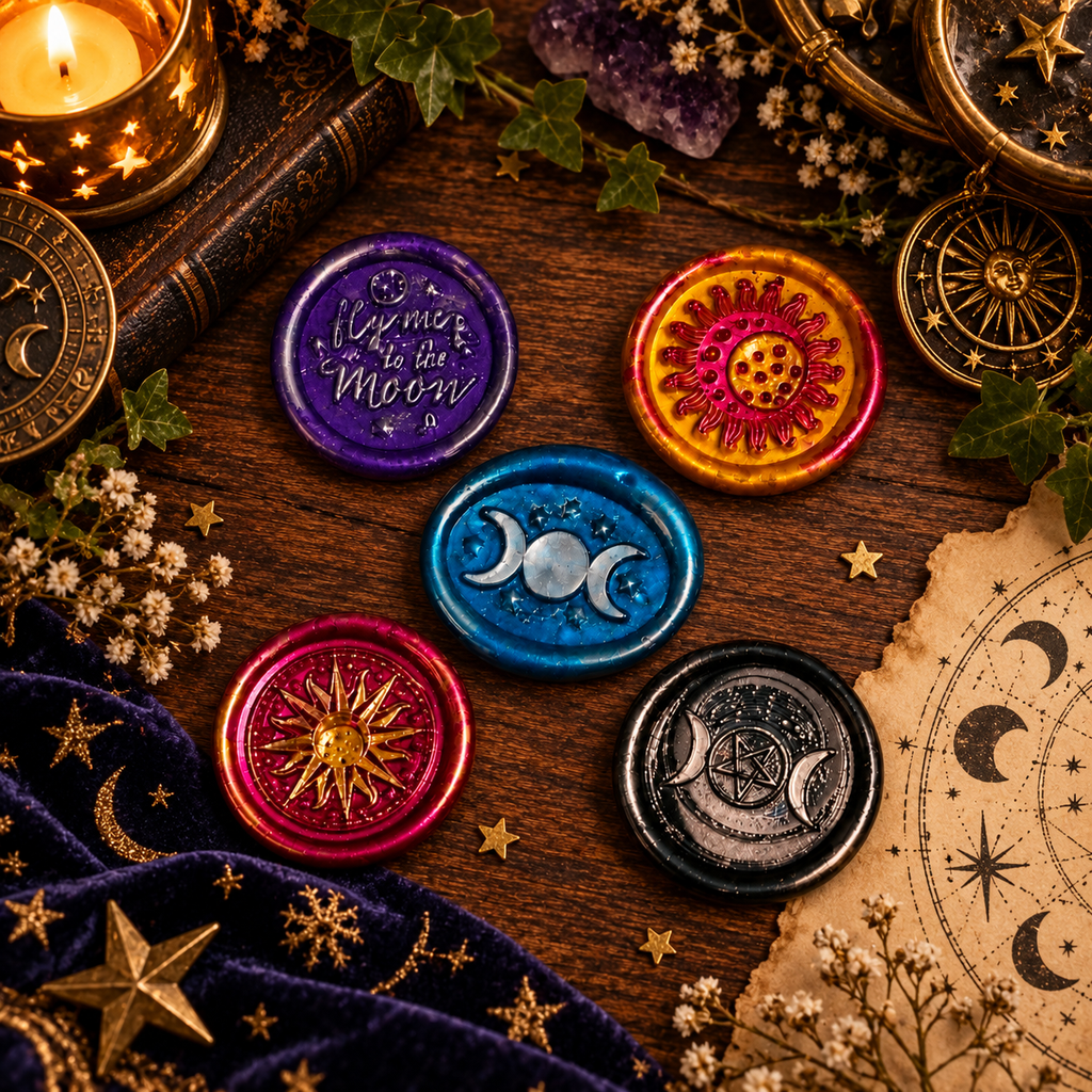 Handmade Triple Moon, Sun, Fly Me To The Moon, Set of Five Wax Seals, for cards, invitations, letters and gifts!