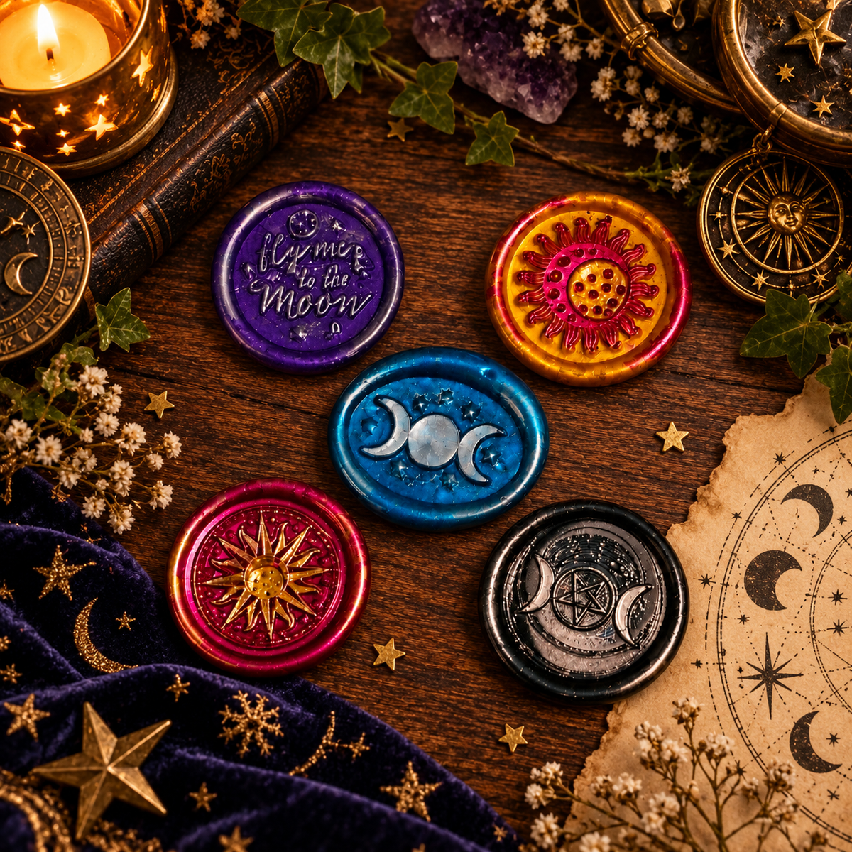 Handmade Triple Moon, Sun, Fly Me To The Moon, Set of Five Wax Seals, for cards, invitations, letters and gifts!