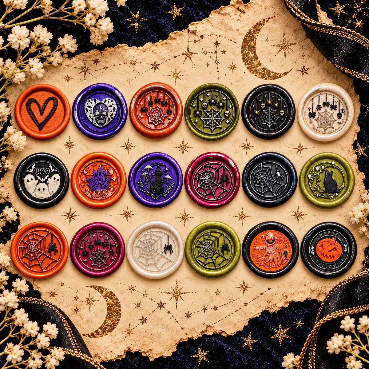 Handmade Halloween Wax Seals Various Styles, Pumpkins, Spiders, Cats, Spooky Scarecrow Wax Seal with Adhesive