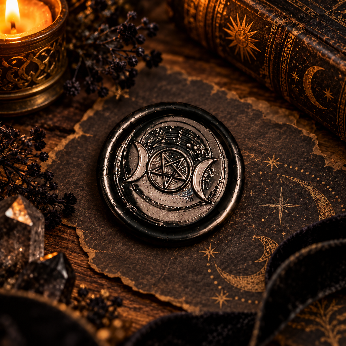 Handmade Triple Moon, Sun, Fly Me To The Moon, Set of Five Wax Seals, for cards, invitations, letters and gifts!