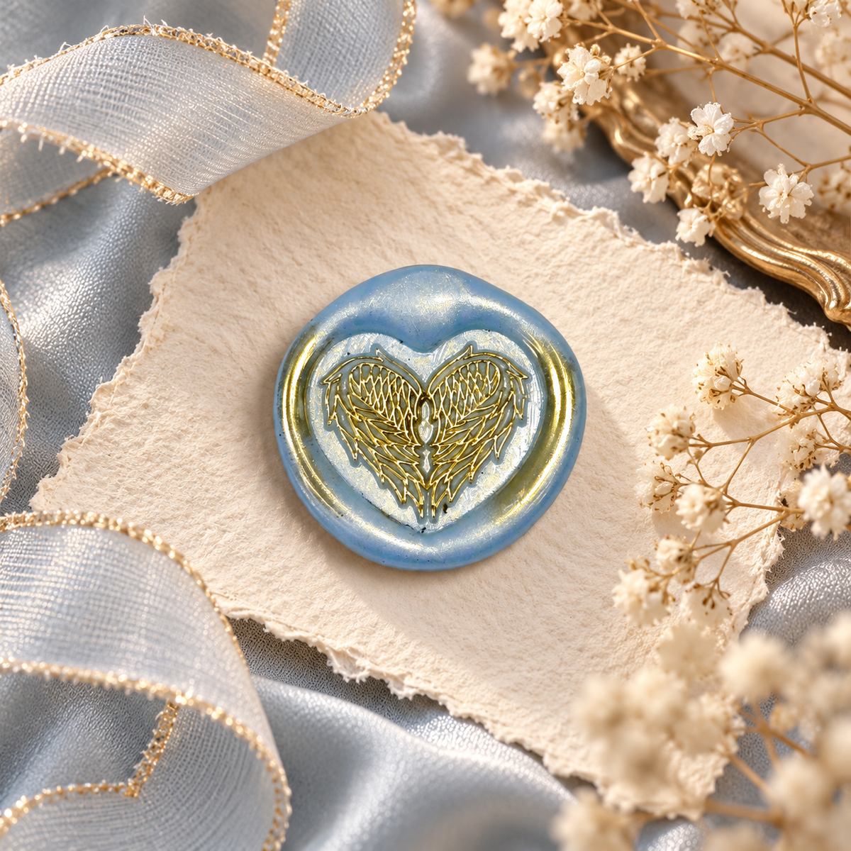 Handmade Angel Wings Heart Wax Seal – Peel & Stick • Multiple Colors Gold Accents
