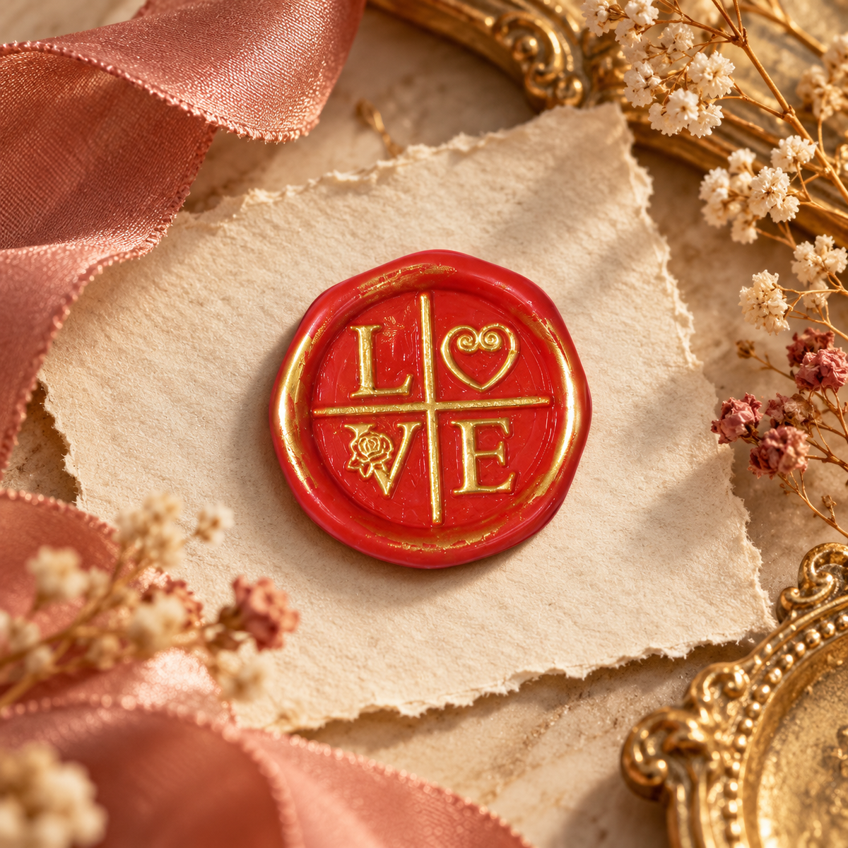 Handmade LOVE Wax Seals Peel and Stick Ready to stick Multiple Color with Gold Accents
