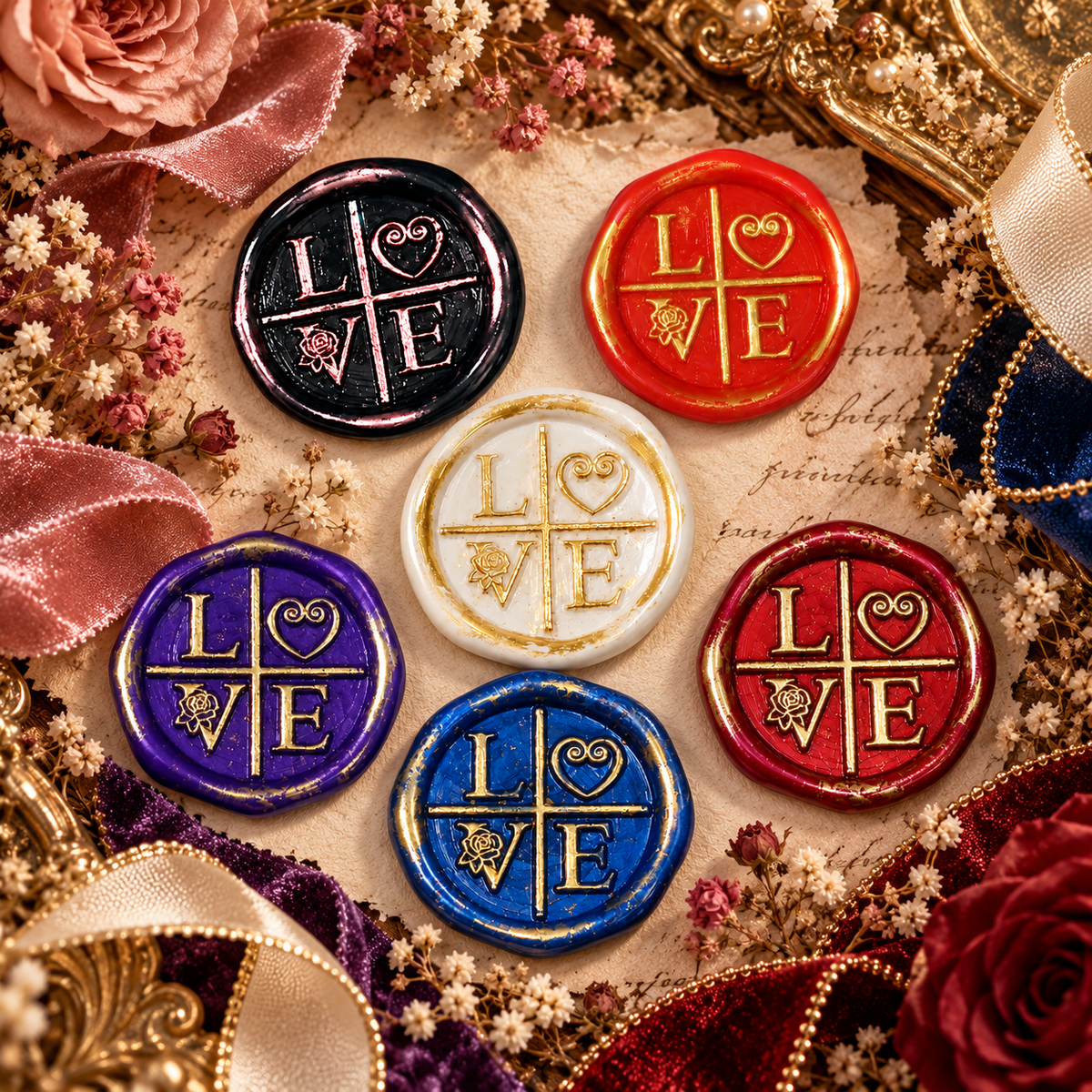 Handmade LOVE Wax Seals Peel and Stick Ready to stick Multiple Color with Gold Accents
