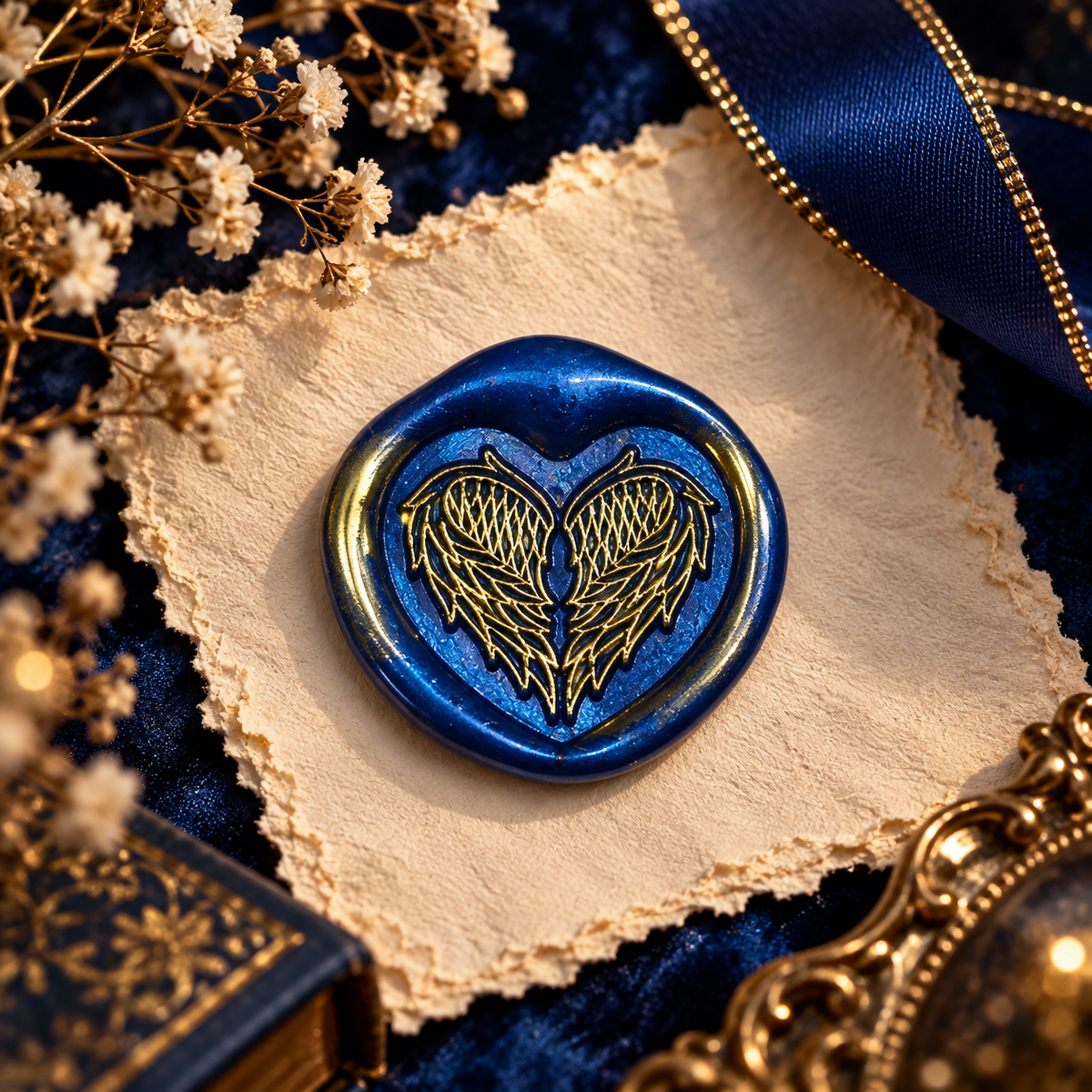 Handmade Angel Wings Heart Wax Seal – Peel & Stick • Multiple Colors Gold Accents