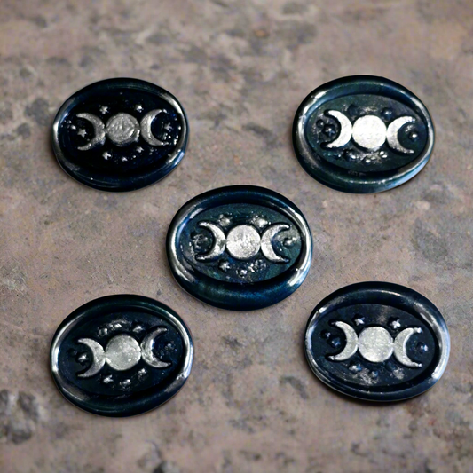 Triple Moon Midnight Blue & Silver Wax Seals Set of Five, for cards, invitations, letters and gifts!
